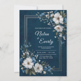 Navy Blue Gold Floral Wedding Kaart