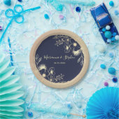 Navy Blue Gold Floral Wedding Papieren Bordje (Feest)