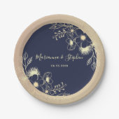 Navy Blue Gold Floral Wedding Papieren Bordje (Voorkant)