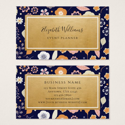 Navy Blue Gold Florals Event Planner Visitekaartje (Voorkant /achterkant)
