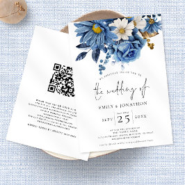 Navy Blue Gold Florals QR Code Weddenschap Kaart