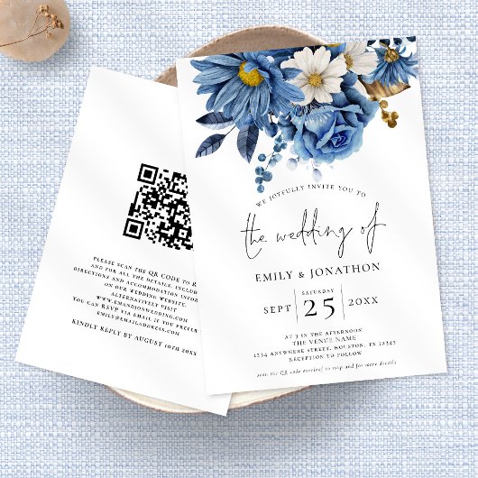 Navy Blue Gold Florals QR Code Weddenschap Kaart