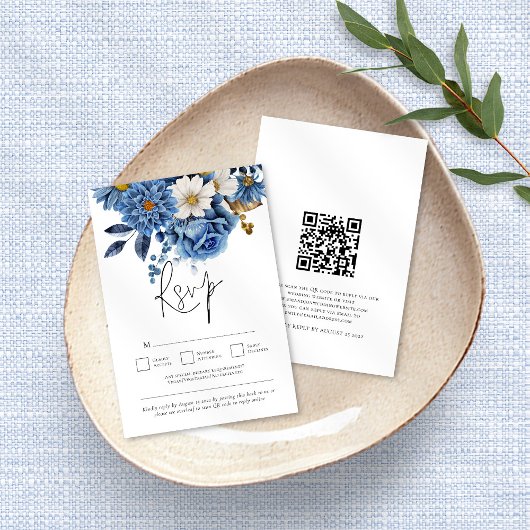 Navy Blue Gold Florals QR Code Weddenschap RSVP Kaartje