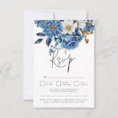 Navy Blue Gold Florals QR Code Weddenschap RSVP Kaartje (Voorkant)