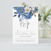 Navy Blue Gold Florals QR Code Weddenschap RSVP Kaartje (Staand voorkant)