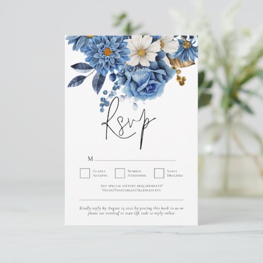 Navy Blue Gold Florals QR Code Weddenschap RSVP Kaartje (Staand voorkant)