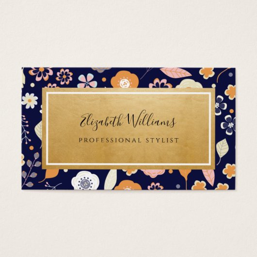 Navy Blue Gold Florals Stylist Visitekaartjes (Voorkant)