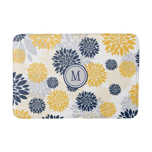 Navy Blue Gold Flower Graphic Pattern Badmat (Voorkant)