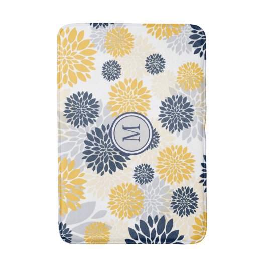 Navy Blue Gold Flower Graphic Pattern Badmat (Voorkant Verticaal)