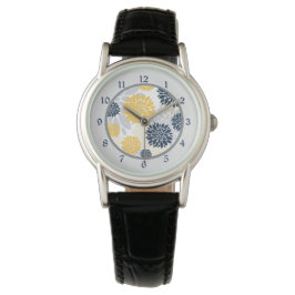 Navy Blue Gold Flower Pattern Horloge