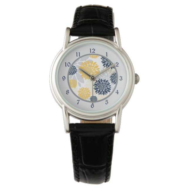 Navy Blue Gold Flower Pattern Horloge (Voorkant)