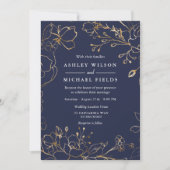 Navy Blue Gold Flowers Elegant Modern Wedding Kaart (Voorkant)