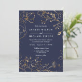 Navy Blue Gold Flowers Elegant Modern Wedding Kaart (Staand voorkant)