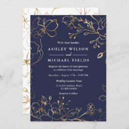 Navy Blue Gold Flowers Elegant Modern Wedding Kaart