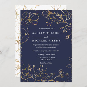 Navy Blue Gold Flowers Elegant Modern Wedding Kaart