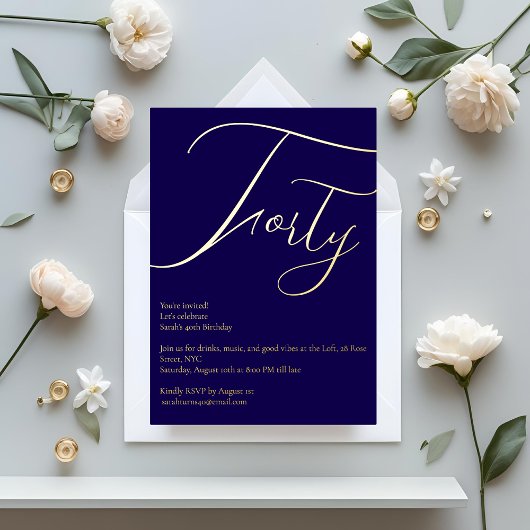 Navy Blue & Gold Foil 40e verjaardag uitnodiging