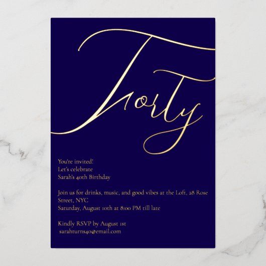 Navy Blue & Gold Foil 40e verjaardag uitnodiging (Voorkant)