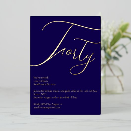 Navy Blue & Gold Foil 40e verjaardag uitnodiging (Staand Voorkant)