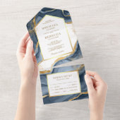 Navy Blue Gold Foil Abstract Fluid Ink Wedding All In One Uitnodiging (Afscheurbaar)