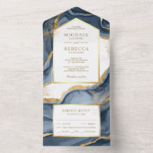 Navy Blue Gold Foil Abstract Fluid Ink Wedding All In One Uitnodiging (Binnen)