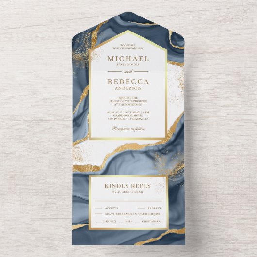 Navy Blue Gold Foil Abstract Fluid Ink Wedding All In One Uitnodiging (Binnen)