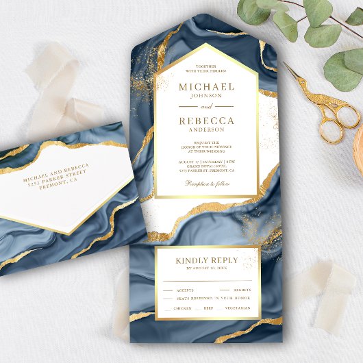 Navy Blue Gold Foil Abstract Fluid Ink Wedding All In One Uitnodiging