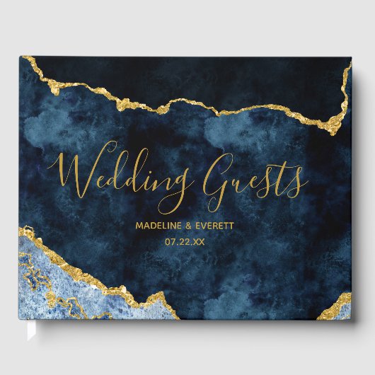 Navy Blue Gold Foil Agate Marble Gilded Wedding Gastenboek (Voorkant)