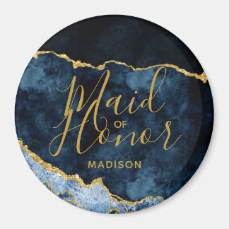 Navy Blue & Gold Foil Agate Marble Maid of Honor Magneet