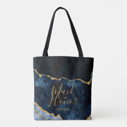 Navy Blue & Gold Foil Agate Marble Maid of Honor Tote Bag (Achterkant)