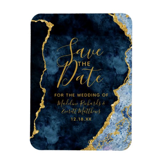 Navy Blue Gold Foil agate Save the Date Wedding Magneet (Verticaal)