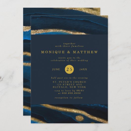 Navy Blue & Gold Foil Agate Wedding Kaart (Voorkant / Achterkant)