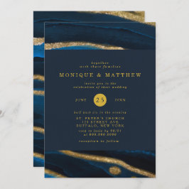Navy Blue & Gold Foil Agate Wedding Kaart