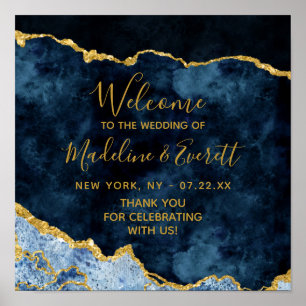 Navy Blue Gold Foil Agate Wedding Welcome Sign Poster