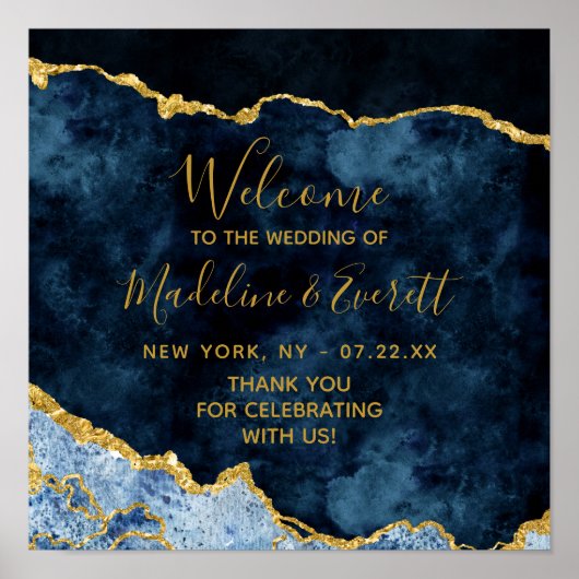 Navy Blue Gold Foil Agate Wedding Welcome Sign Poster (Voorkant)