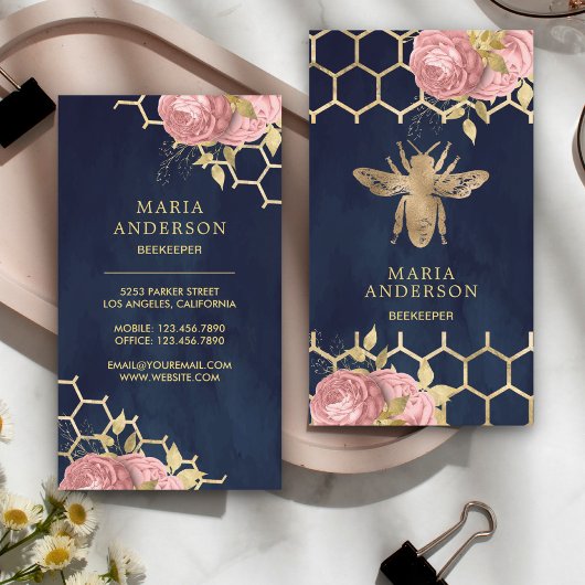 Navy Blue Gold Foil Blush Pink Floral Honey Bee Visitekaartje