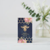 Navy Blue Gold Foil Blush Pink Floral Honey Bee Visitekaartje (Staand voorkant)