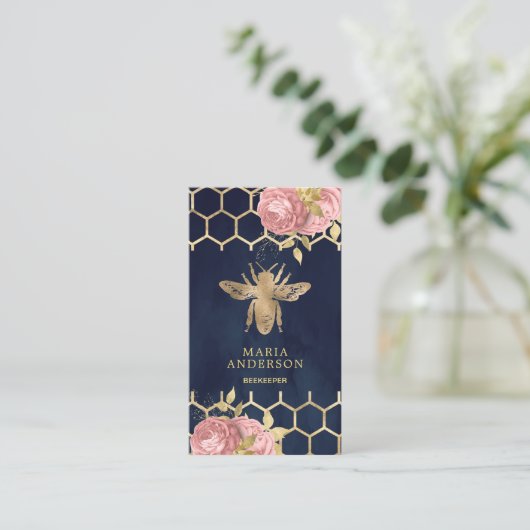 Navy Blue Gold Foil Blush Pink Floral Honey Bee Visitekaartje (Staand voorkant)