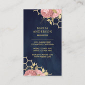 Navy Blue Gold Foil Blush Pink Floral Honey Bee Visitekaartje (Achterkant)