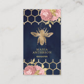 Navy Blue Gold Foil Blush Pink Floral Honey Bee Visitekaartje (Voorkant)