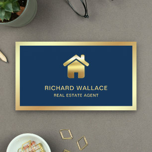 Navy Blue Gold Foil Home Logo Real Estate Agent Visitekaartje