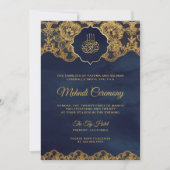 Navy Blue Gold Foil Lace Islamic Mehndi Kaart (Voorkant)