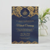 Navy Blue Gold Foil Lace Islamic Mehndi Kaart (Staand voorkant)