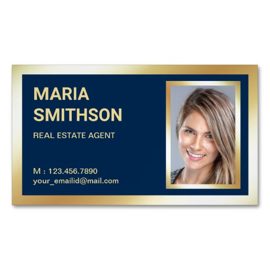 Navy Blue Gold Foil Real Estate Realtor Foto Magnetisch Visitekaartje (Voorkant)