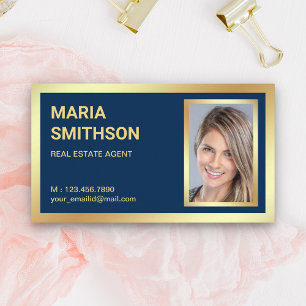 Navy Blue Gold Foil Real Estate Realtor Foto Visitekaartje