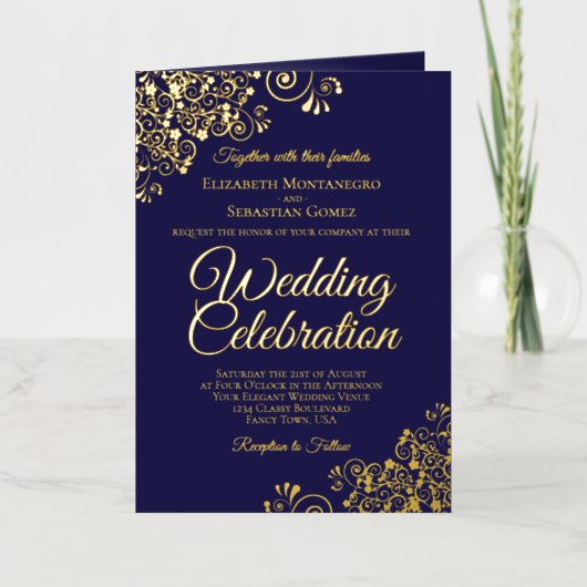 Navy Blue & Gold Foil Wedding Invite Program Combo Folie Wenskaart (Voorkant)