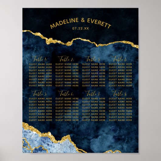 Navy Blue Gold Foil Wedding Table Seating Chart Poster (Voorkant)