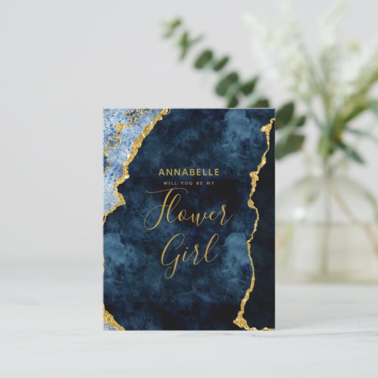 Navy Blue Gold Foil wordt je mijn Bloemenmeisje Kaart (Staand voorkant)