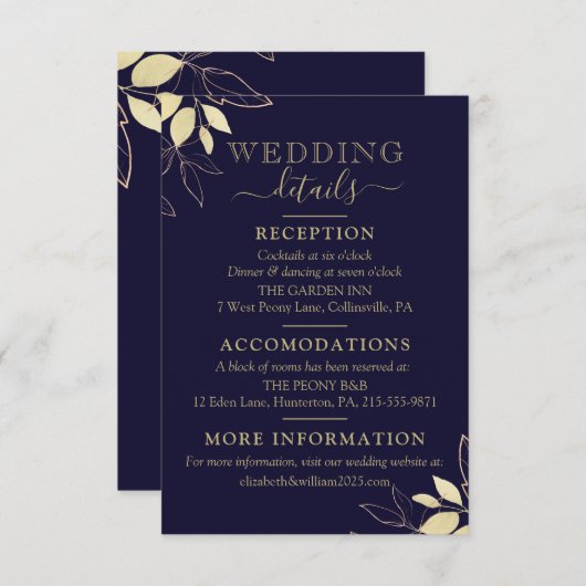 Navy Blue & Gold Foliage Modern Botanical Wedding Informatiekaartje (Voorkant / Achterkant)