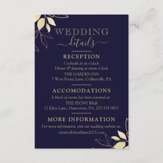 Navy Blue & Gold Foliage Modern Botanical Wedding Informatiekaartje (Voorkant)