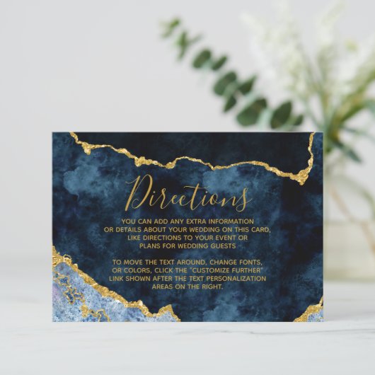 Navy Blue Gold Folie Agaat Bruiloft Routebeschrijv Informatiekaartje (Staand voorkant)